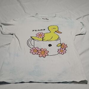 White Graphic Tee with Duck and Flowers